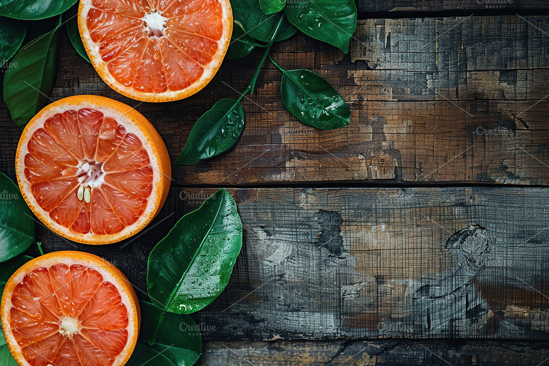 Fresh grapefruit with green leafs and copyspace for text on wooden table, a Food & Drink Photo by AlyaAnd