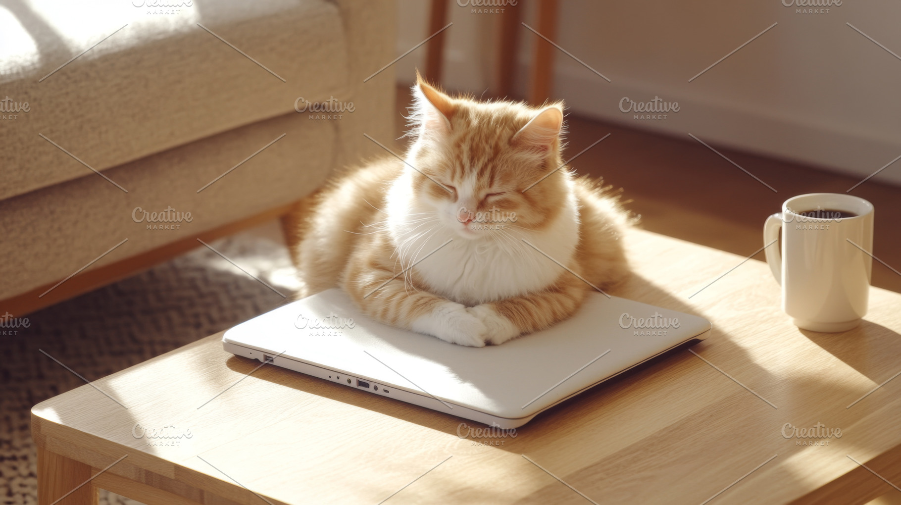 Kitten napping on laptop in cozy liv, a Photo by Dvoevnore photos