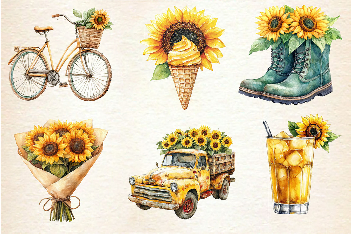 Watercolor Summer Sunflower Clipart, an Illustration by Dream Creation (Photo 6 of 6)