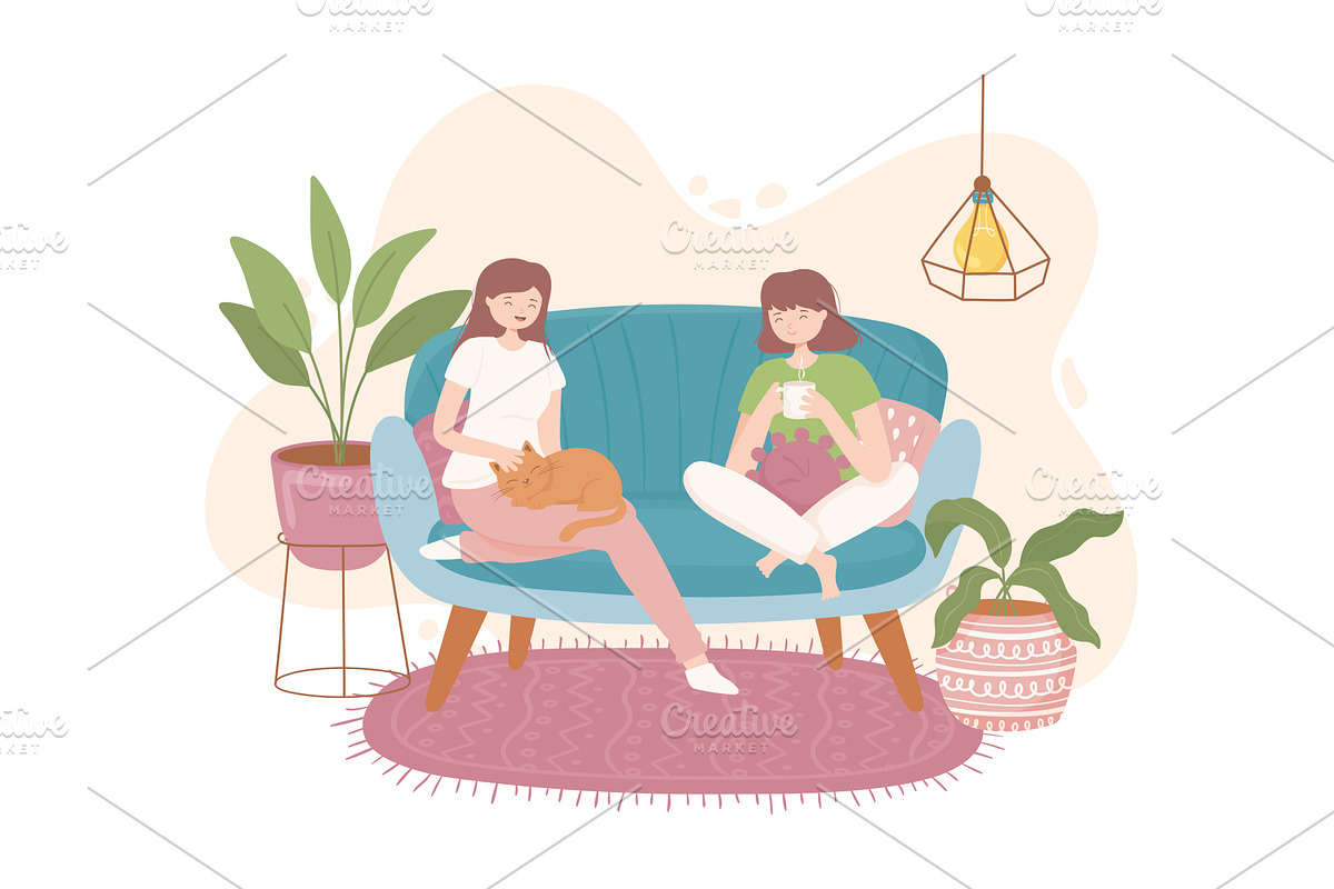 girls at comfy home, an Object Illustration by studiogstock