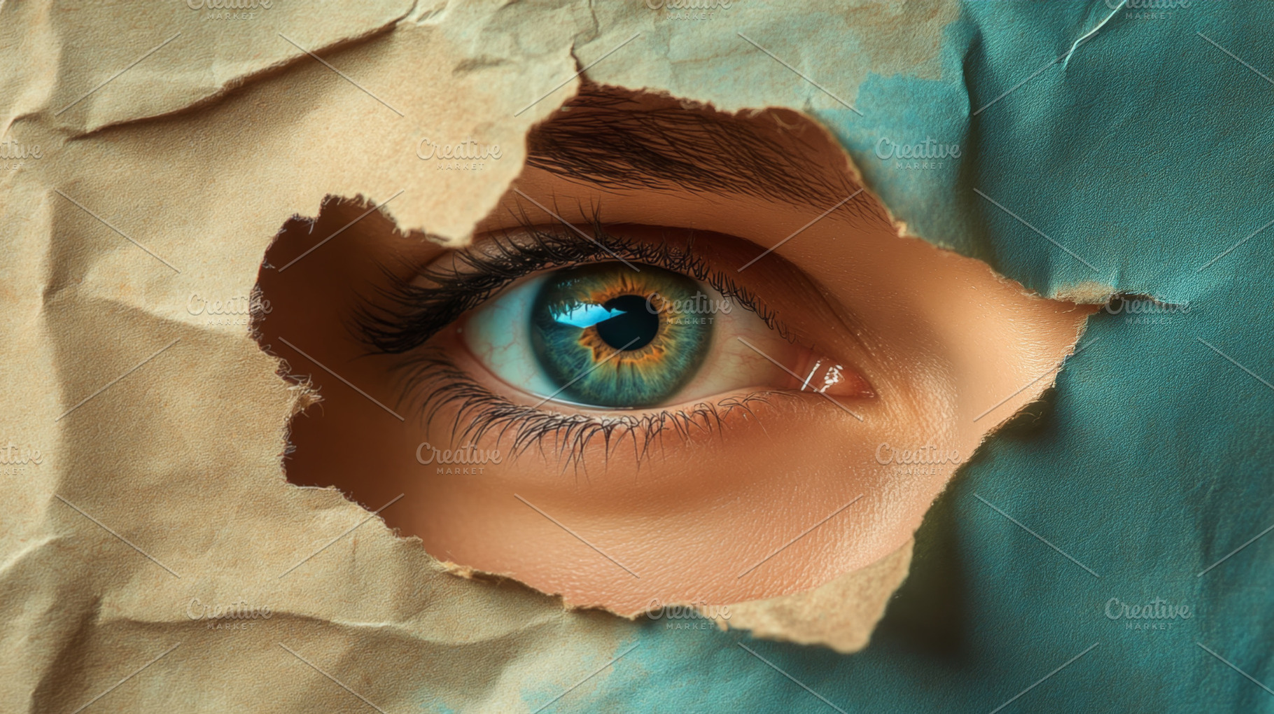 Blue Eye Peering Through Torn Paper, an Abstract Photo by Natalia Klenova's Shop