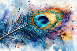 Vibrant Peacock Feather Watercolor P, a Photo by Pixeness Studio