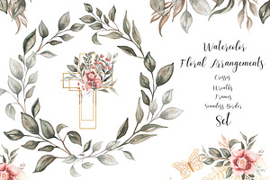 Watercolor Floral Cross, Wreath Set