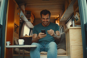 Man relaxes in camper van, a Photo by Beautiful things