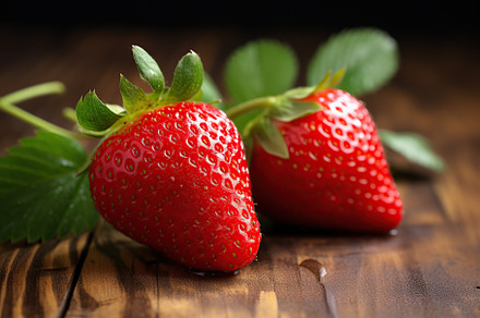 Red ripe strawberries on brown wooden background, a Food & Drink Photo by AlyaAnd