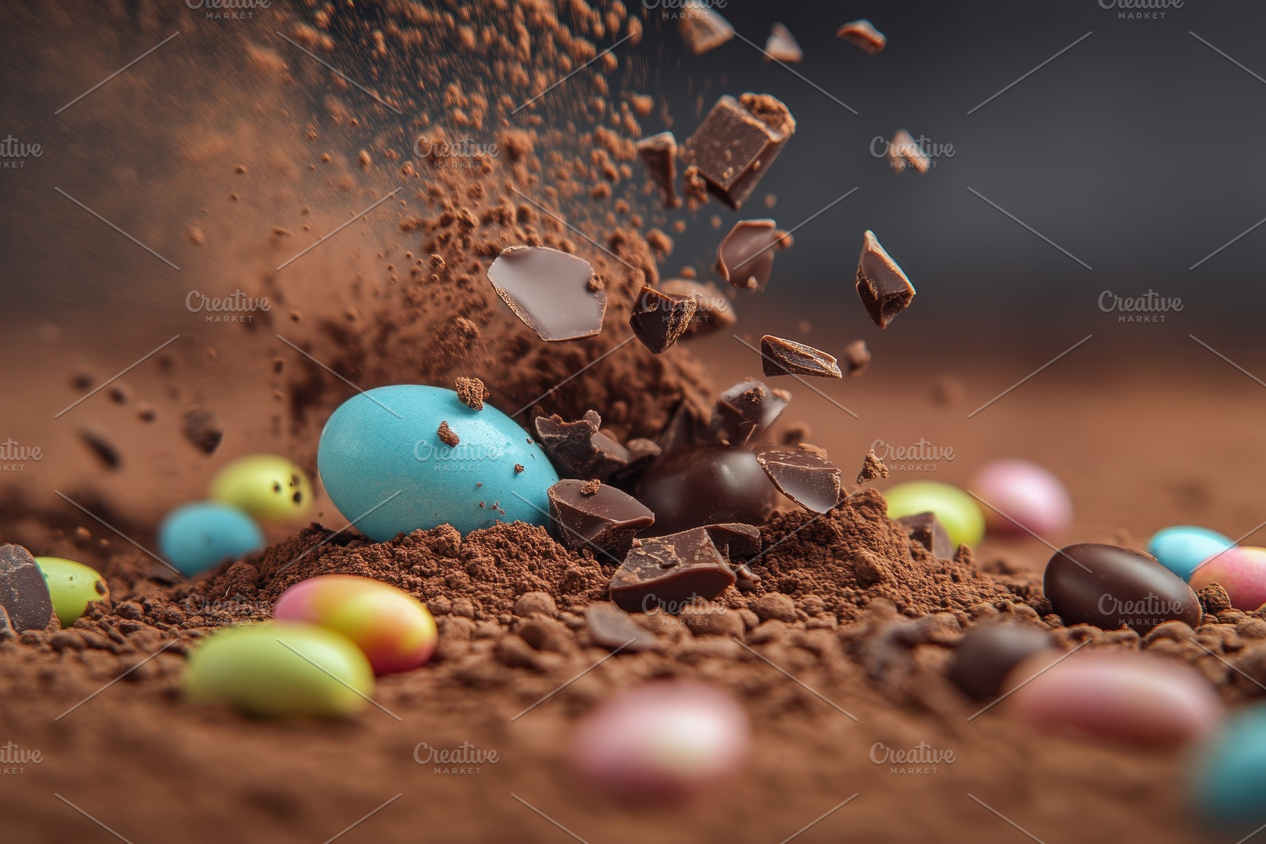 Broken chocolate Easter egg spills, a Photo by Pavel_design