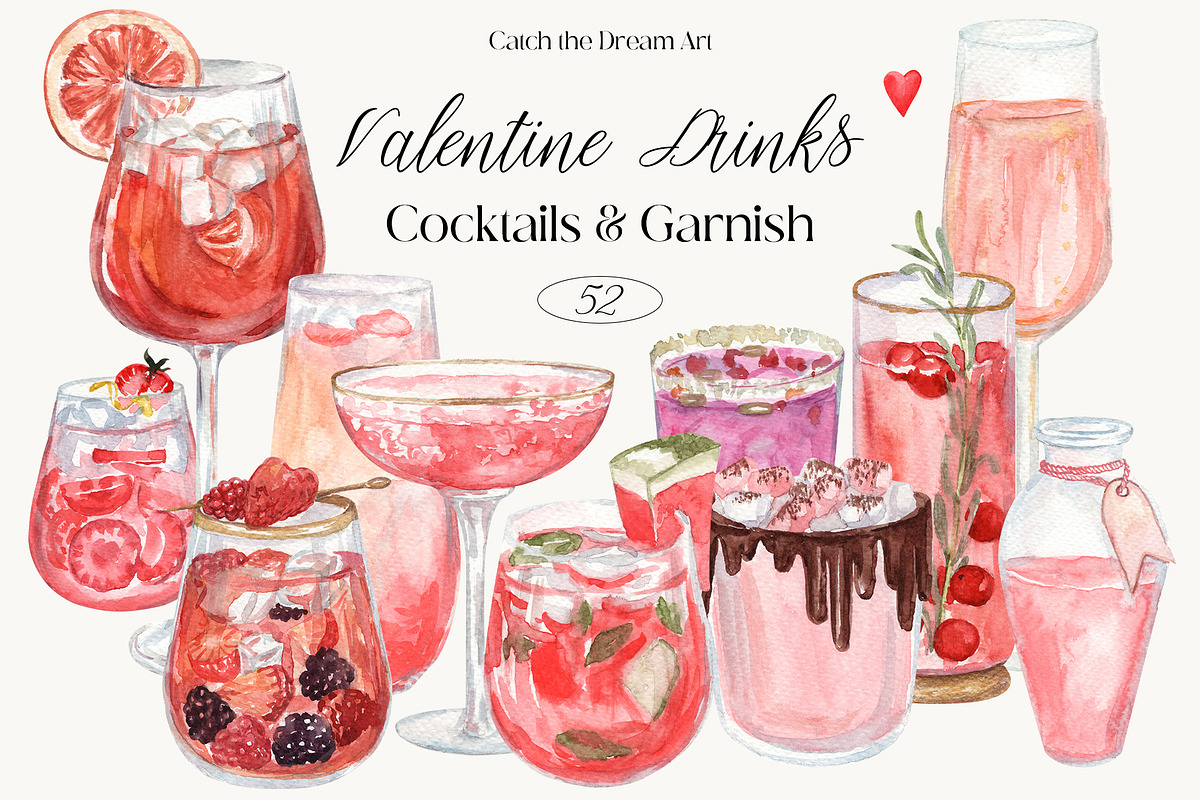 Valentine Drinks Cocktails & Garnish, a Food Illustration by Catch the Dream Art (Photo 1 of 8)