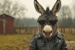 Cool Donkey in Leather Jacket Sungla, an Animal Photo by Pixeness Studio