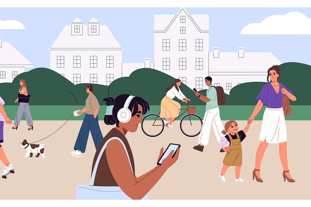 People crowd walk in urban park, a Person Illustration by PaperTrident (Photo 3 of 3)