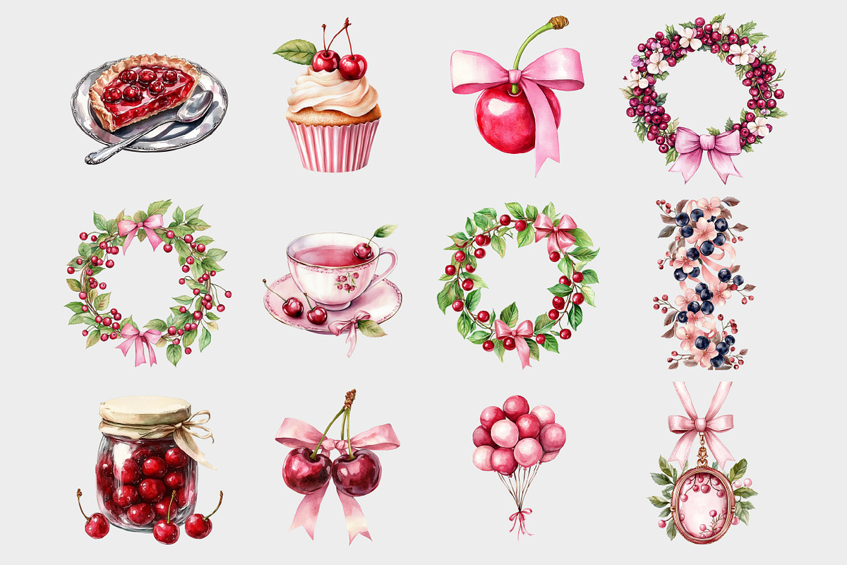 Watercolor Coquette Cherry Clipart, a Seasonal Illustration by Design Market (Photo 3 of 4)