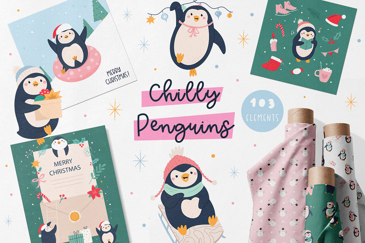 Cute Penguin Clipart & Winter Cards, an Animal Illustration by danceyourlife (Photo 1 of 12)
