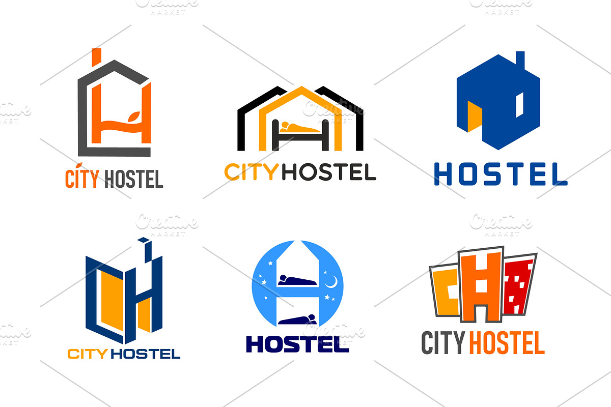 Hostel hotel icons house buildings, an Object Illustration by Vector Tradition