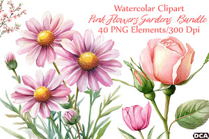 Watercolor Pink Flowers Gardens Clip, an Illustration by DreamCafeArt