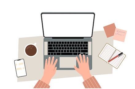 Working on laptop from home. Hands, a Technology Illustration by Valerie Bodnar