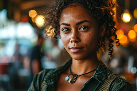 Portrait of young african american woman with curly hair in cafe, a Photo by AS photostudio