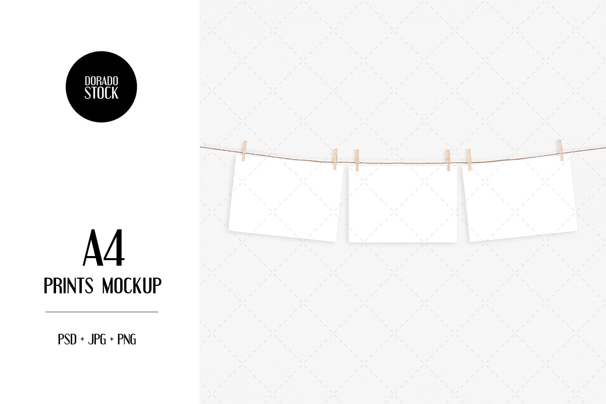 A4 prints mockup with clothespins, a Print Template by Dorado Stock (Photo 1 of 3)