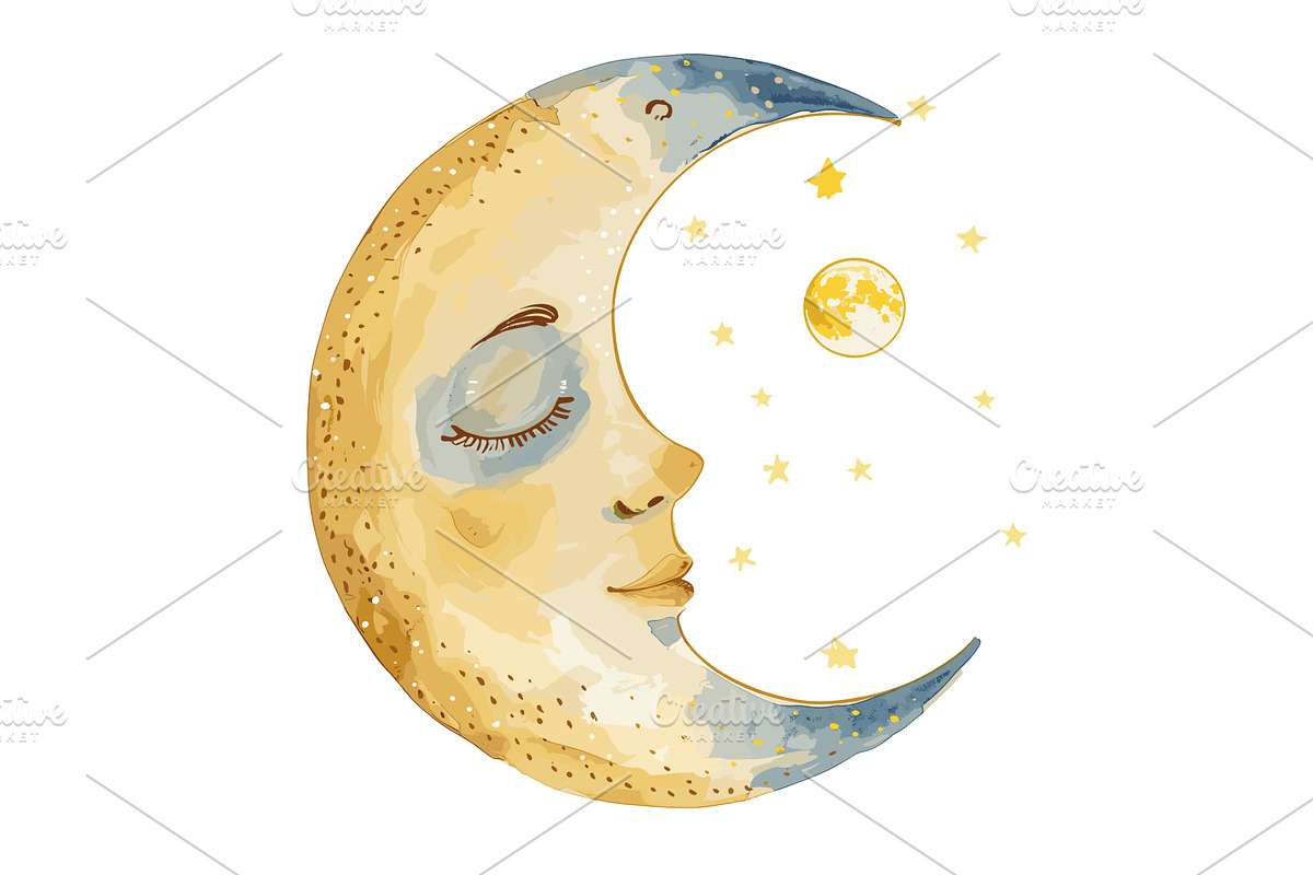 Crescent moon face stars sky serene, an Illustration by Vectorstockersland