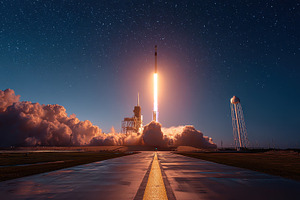 Rocket Launch Night Sky Space Explor, a Photo by Pixeness Studio