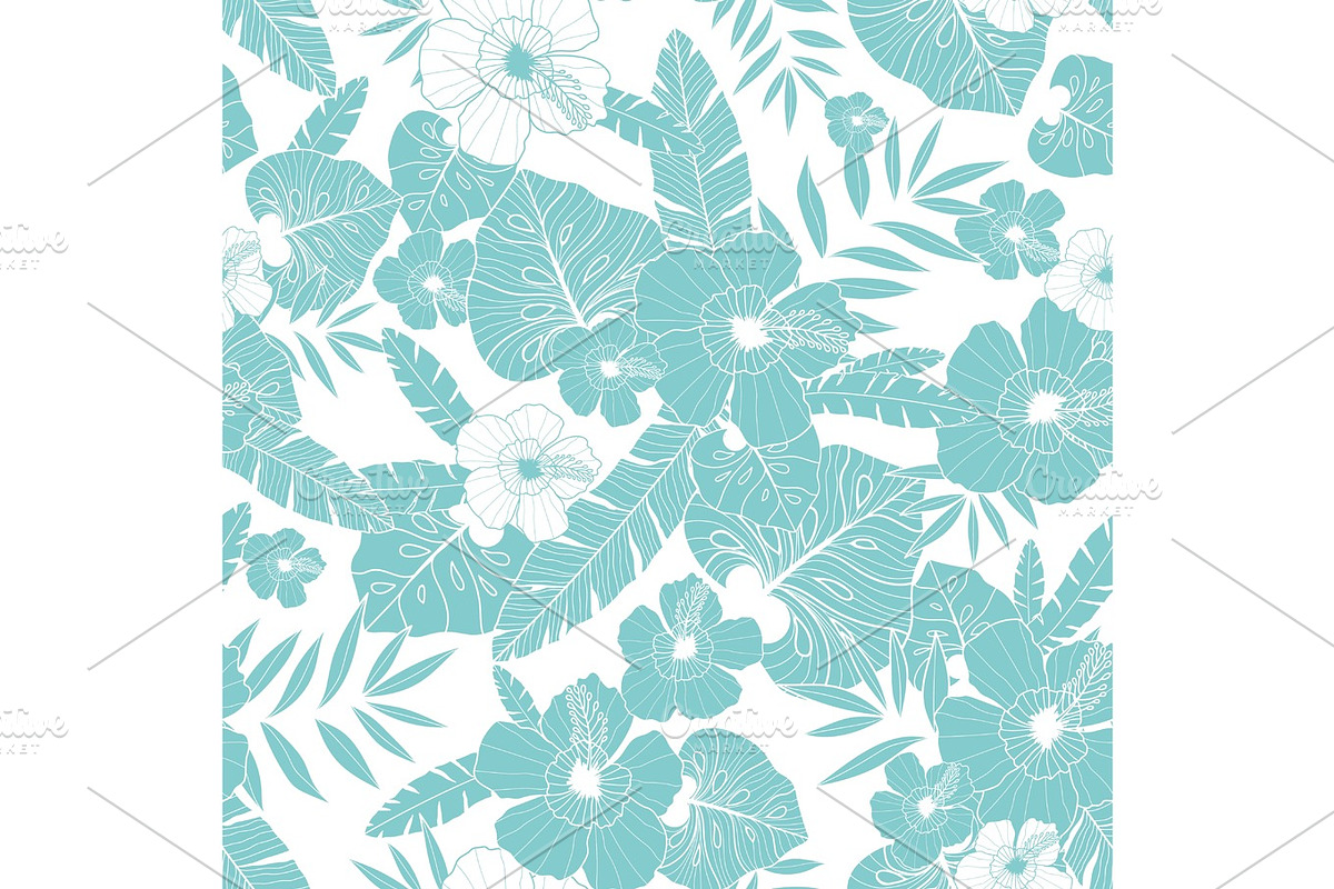 Vector light blue drawing tropical summer hawaiian seamless pattern with tropical plants, leaves, and hibiscus flowers. Great for vacation themed fabric, wallpaper, packaging., a Texture Illustration by Oksancia's Surface Design