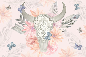 Watercolor skull bull, flowers