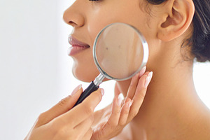 Female dermatologist examining a patient's cheek using a magnify, a Health & Medical Photo by DanFLCreativo