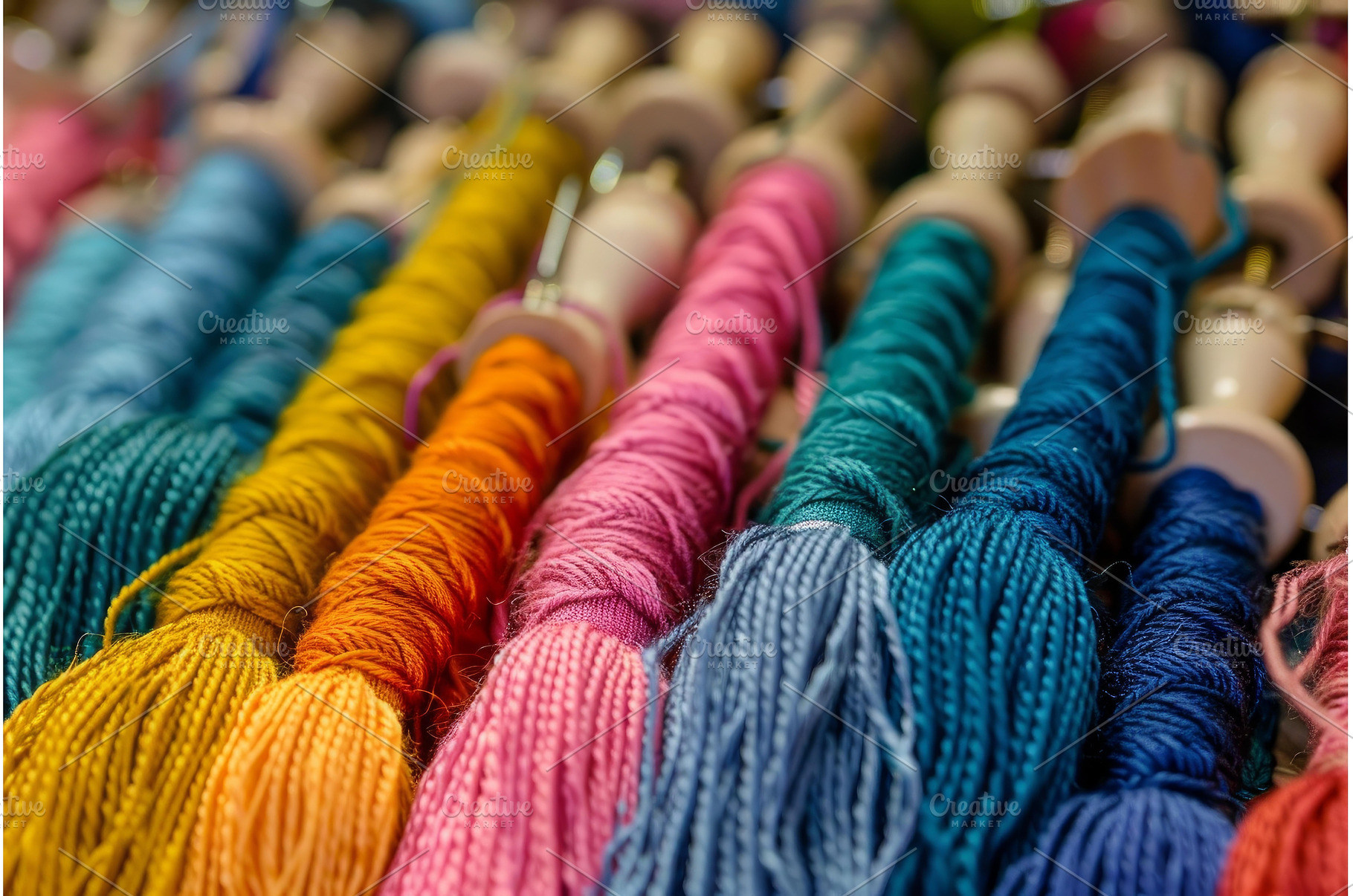 Colorful threads hanging and waiting, a Background Photo by Ylivdesign