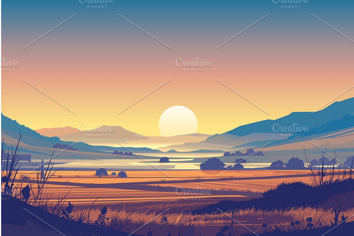 Sunset over cartoon foggy valley, an Illustration by LadadikArt