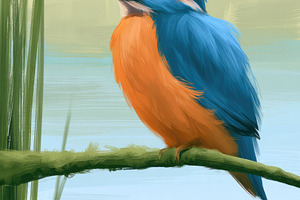 Common kingfisher perched on mossy branch watercolor illustratio