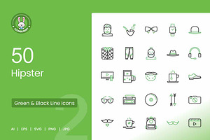 50 Hipster Green & Black Icons, an Icon by IconBunny