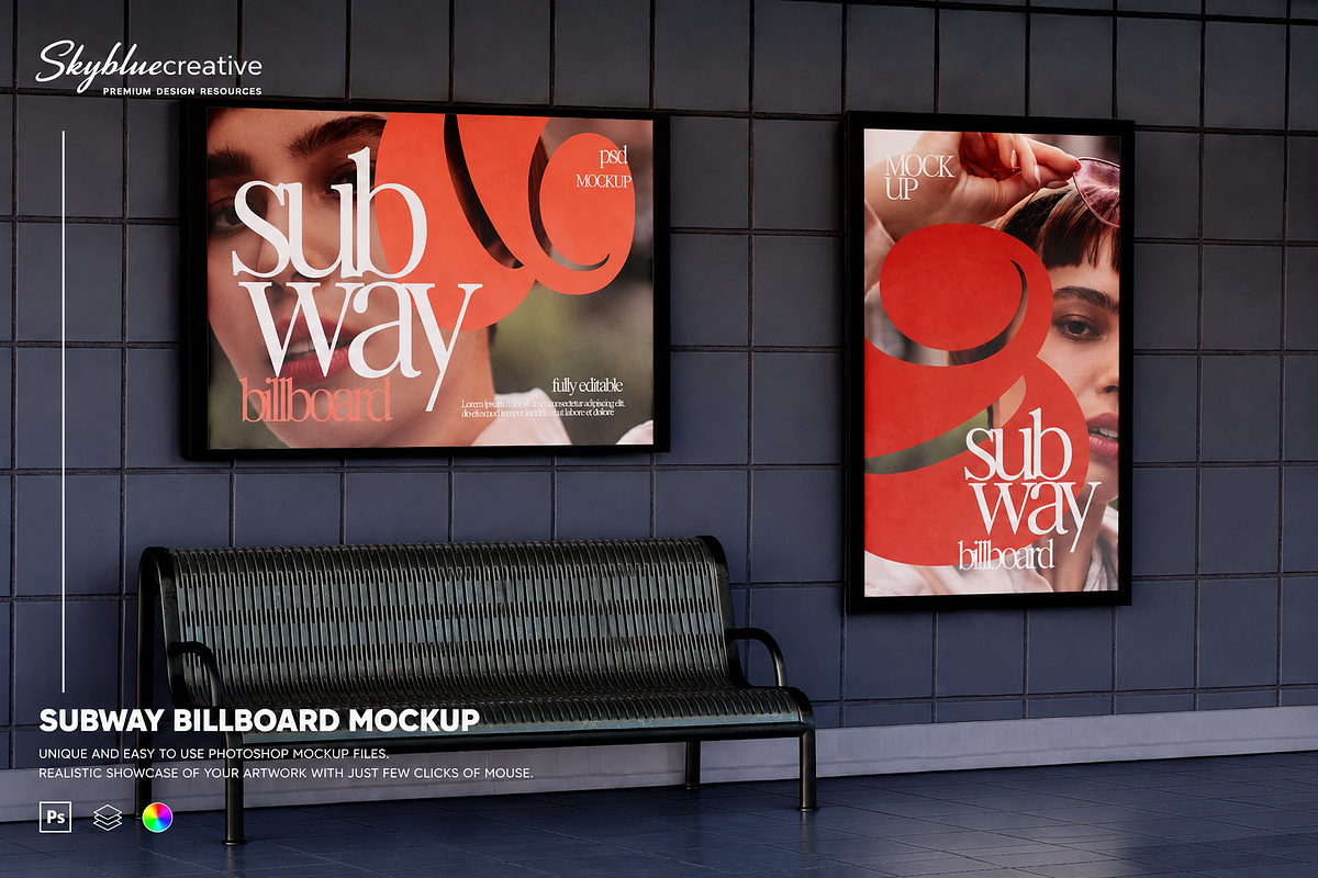 Billboard in Subway Station Mockup, an Advertising Mockup by skybluecreative (Photo 1 of 2)