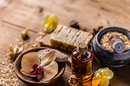 Brown dayspa nature set featuring spa, background, and concept, a Health & Medical Photo by Grafvision photography