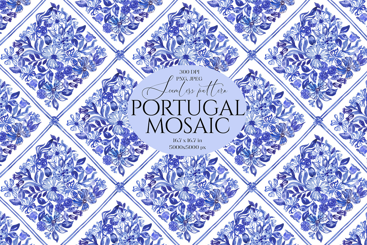 Blue Floral Portugal Mosaic Pattern, a Pattern Graphic by SirenaArt (Photo 1 of 14)