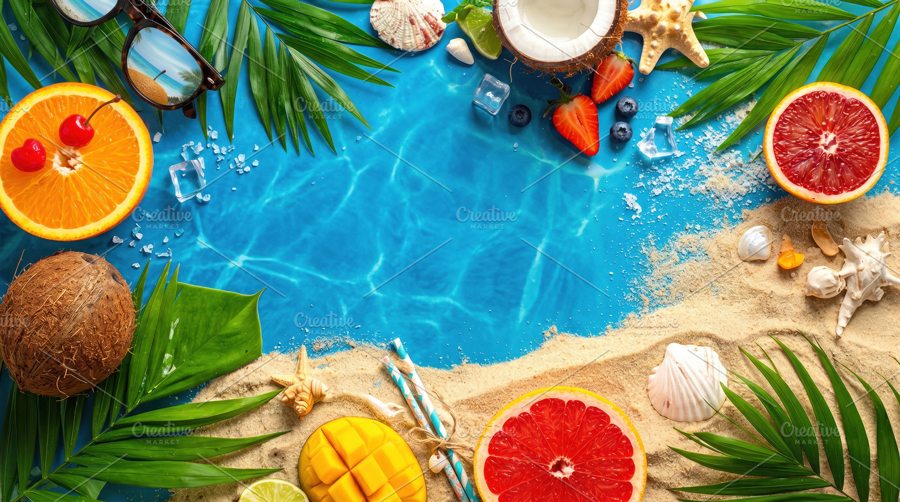 Tropical Flat Lay with Fruits and Ocean Water, a Sports & Recreation Photo by Davizro's Market