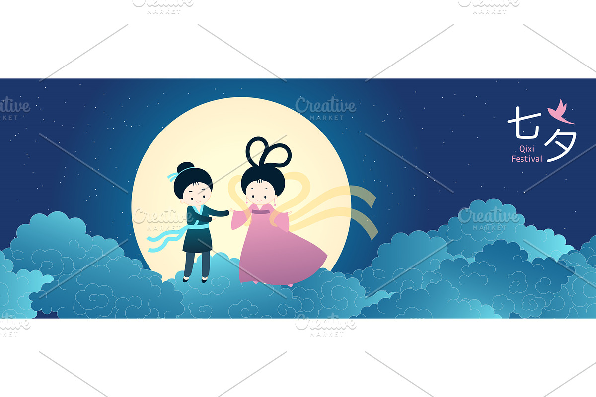 Qixi Festival lovers meeting, moon, a Seasonal Illustration by sceptical cactus