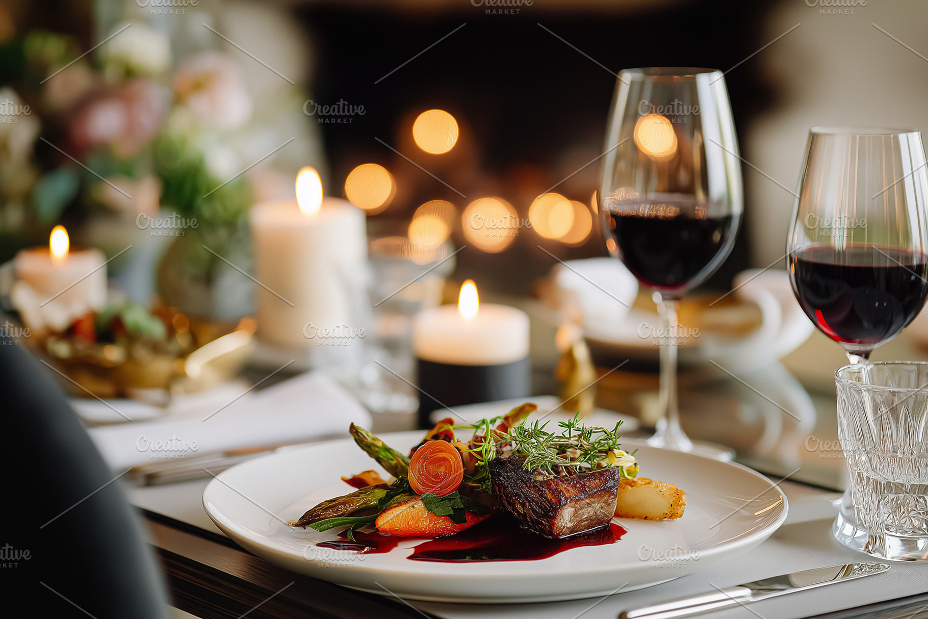 Gourmet dinner enjoying fine dining with red wine glasses and candlelight creat, a Food & Drink Photo by Studio ANNA