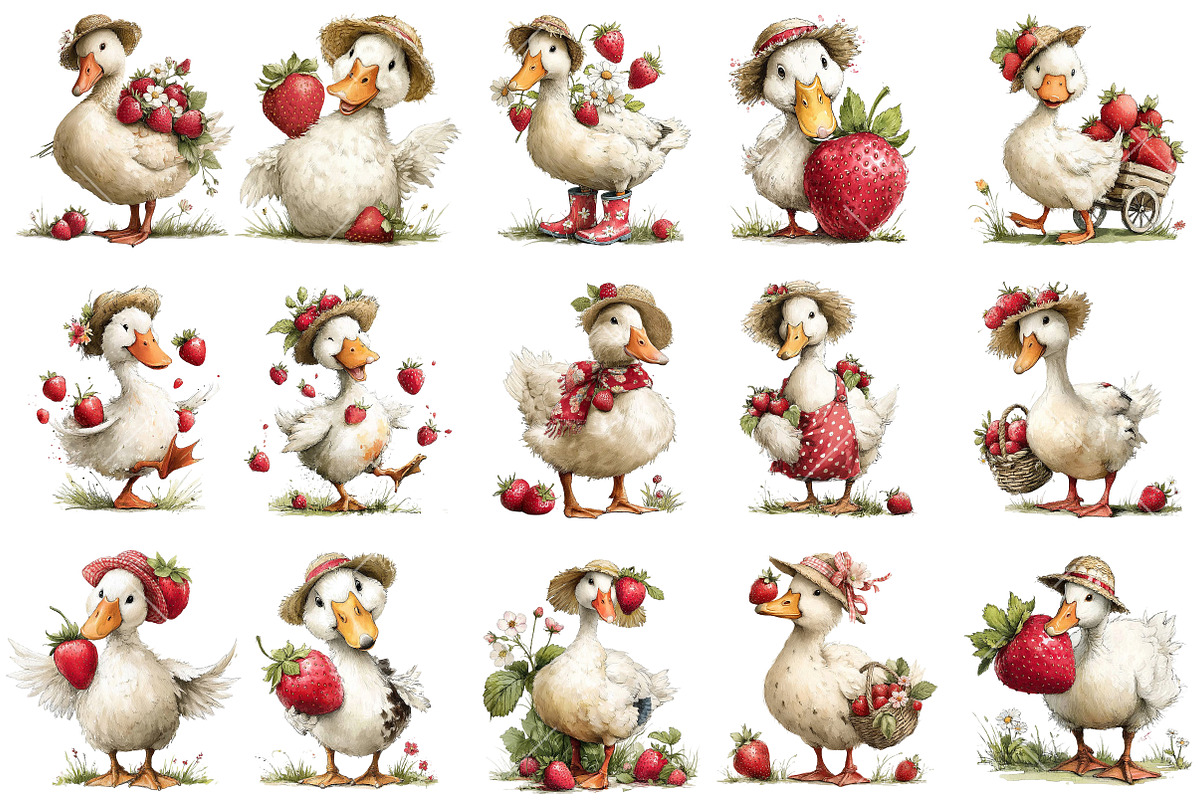 Whimsical Goose Strawberry Clipart, an Illustration by OK Design (Photo 3 of 6)