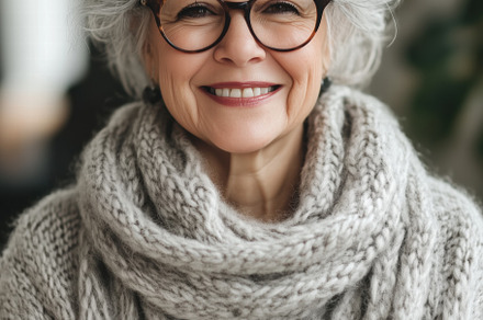 A smiling elderly woman with gray hair and glasses, wearing a cozy knitted swea, a Person Photo by Textures & Backgrounds