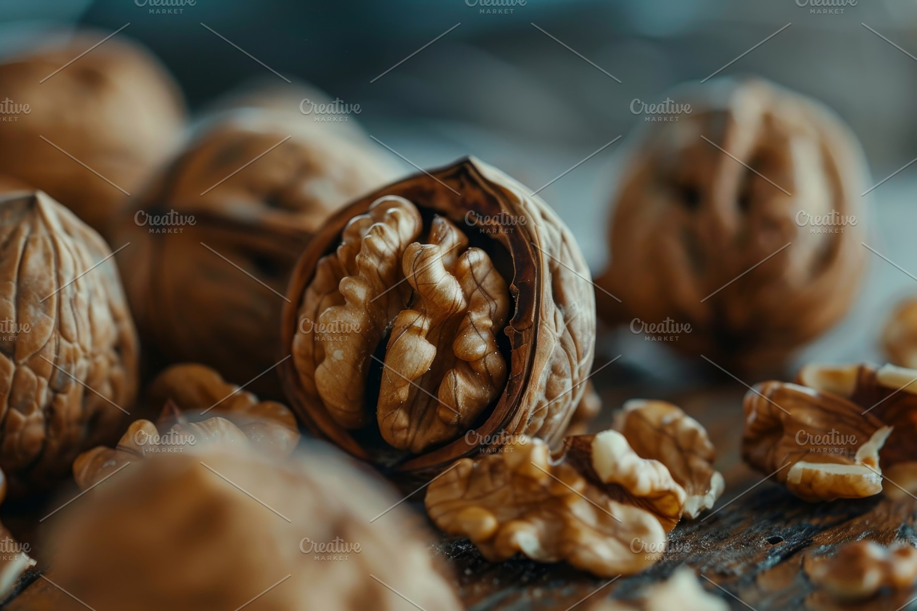 Closeup view of cracked walnuts on a, a Photo by Iftikhar Alam