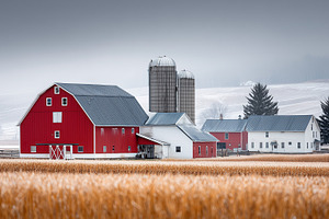 Traditional red barn with silos and, an Architecture Photo by MistyDay