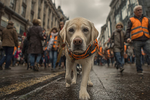 Golden Retriever Dog Walking City St, a Photo by Pixeness Studio