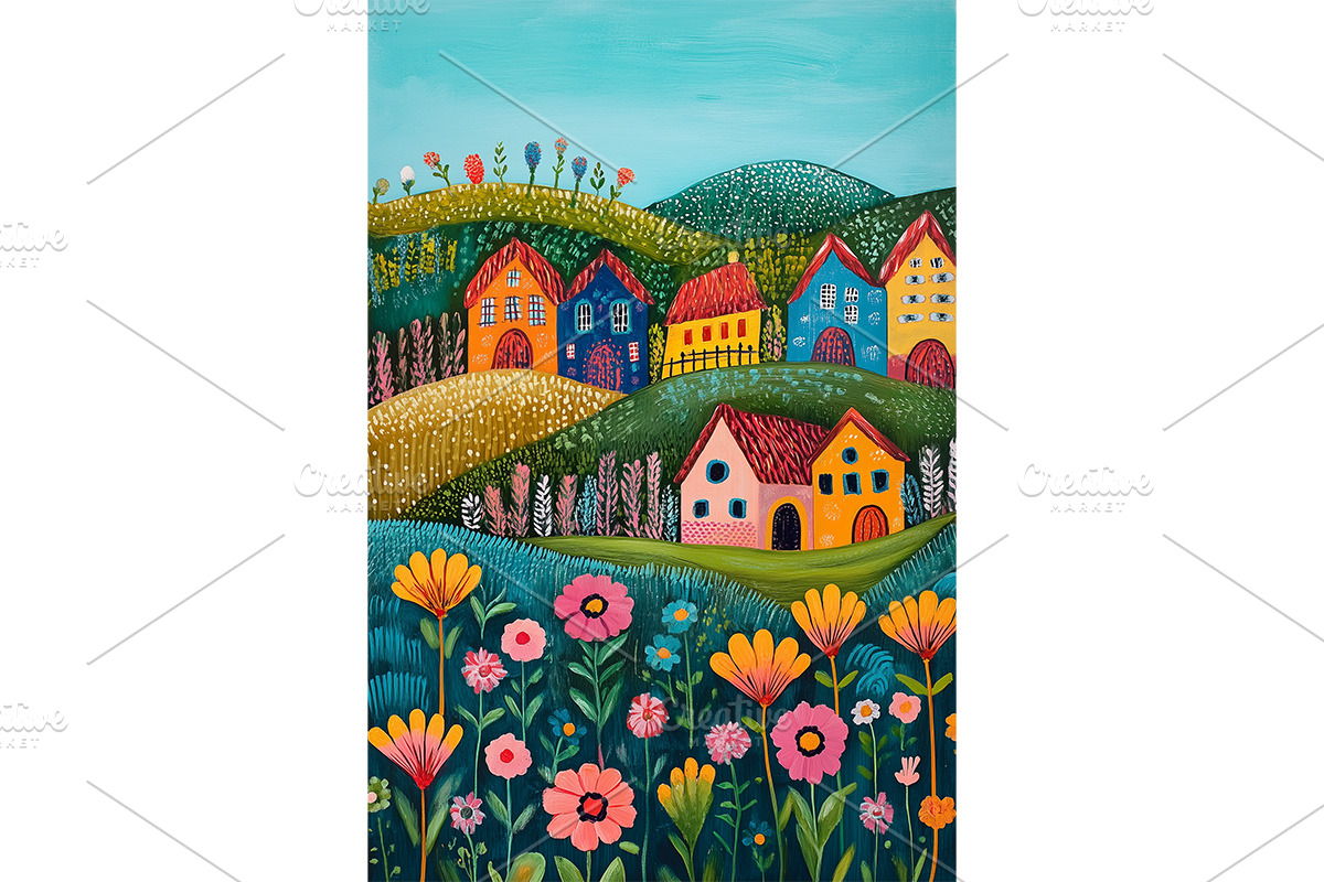 Whimsical Houses and Flowers Art, a Decorative Illustration by Art Paradise Studios