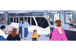 People wait at subway, metro station, a Transportation Illustration by PaperTrident
