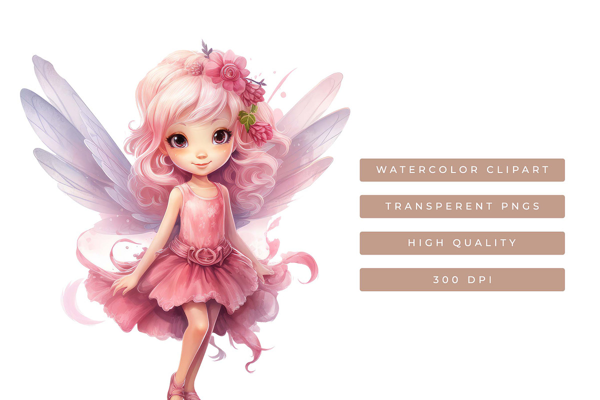 Watercolor Pink Fairy Clipart Bundle, an Object Illustration by ...
