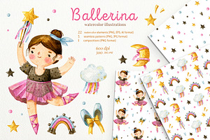 Watercolor cute ballerina. Girl set.