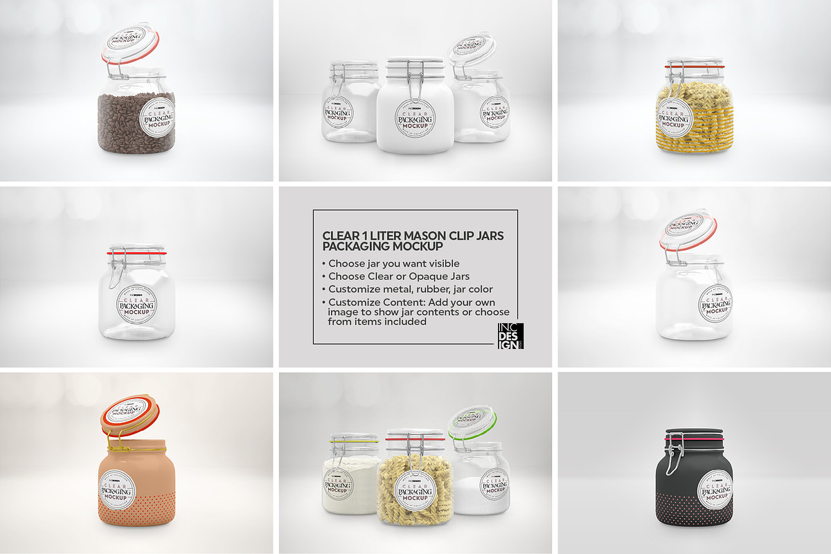 Clear 1Liter Mason Clip Jar Mockup, a Cups & Container Mockup by INCDesign (Photo 4 of 9)