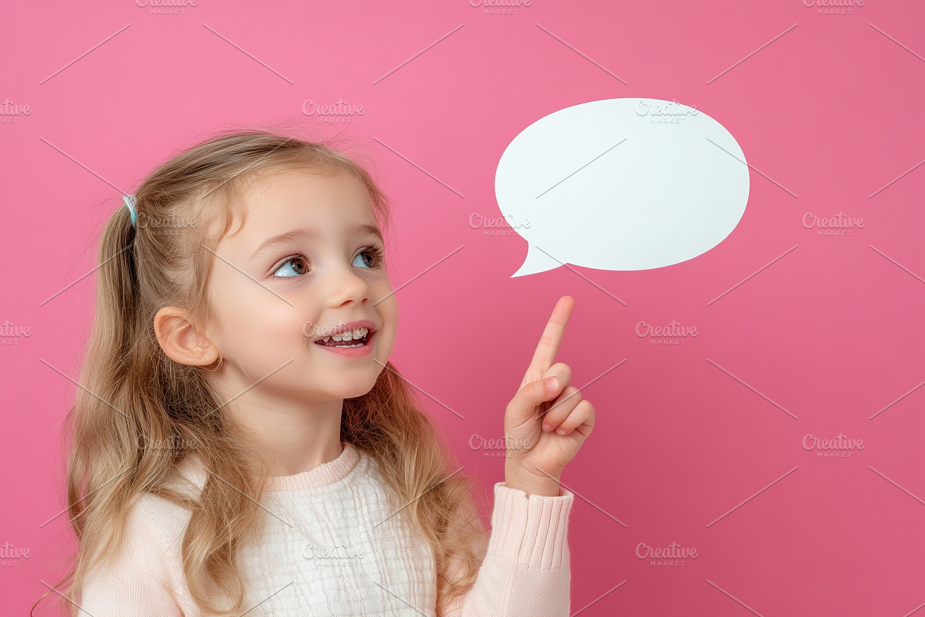 Young girl points and smiles against a vibrant pink background while thinking o, a Person Photo by AlyaAnd