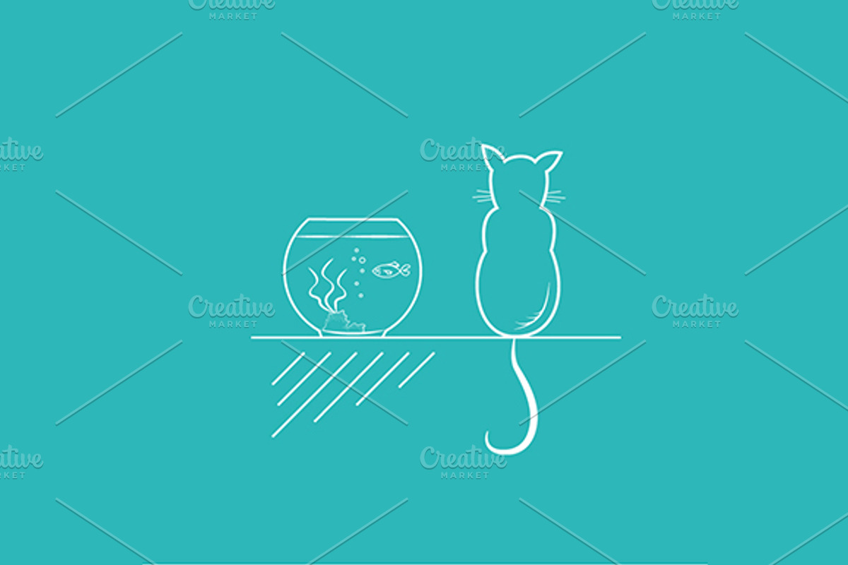 Cat and a gold fish outline drawing, a Food Illustration by MarioMovement