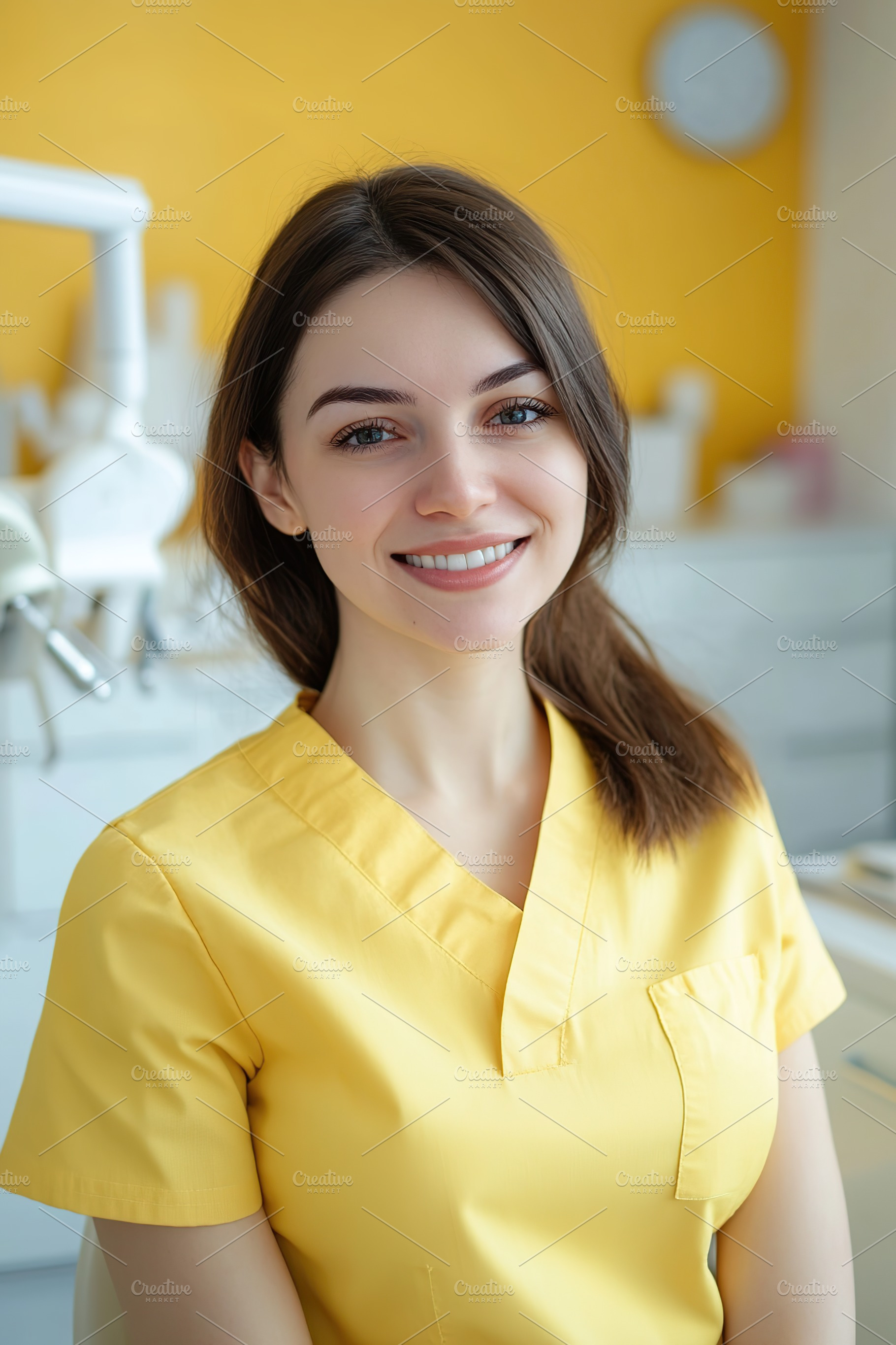 Female dentist in a bright yellow uniform smiling warmly in her dental office, a Health & Medical Photo by AlyaAnd