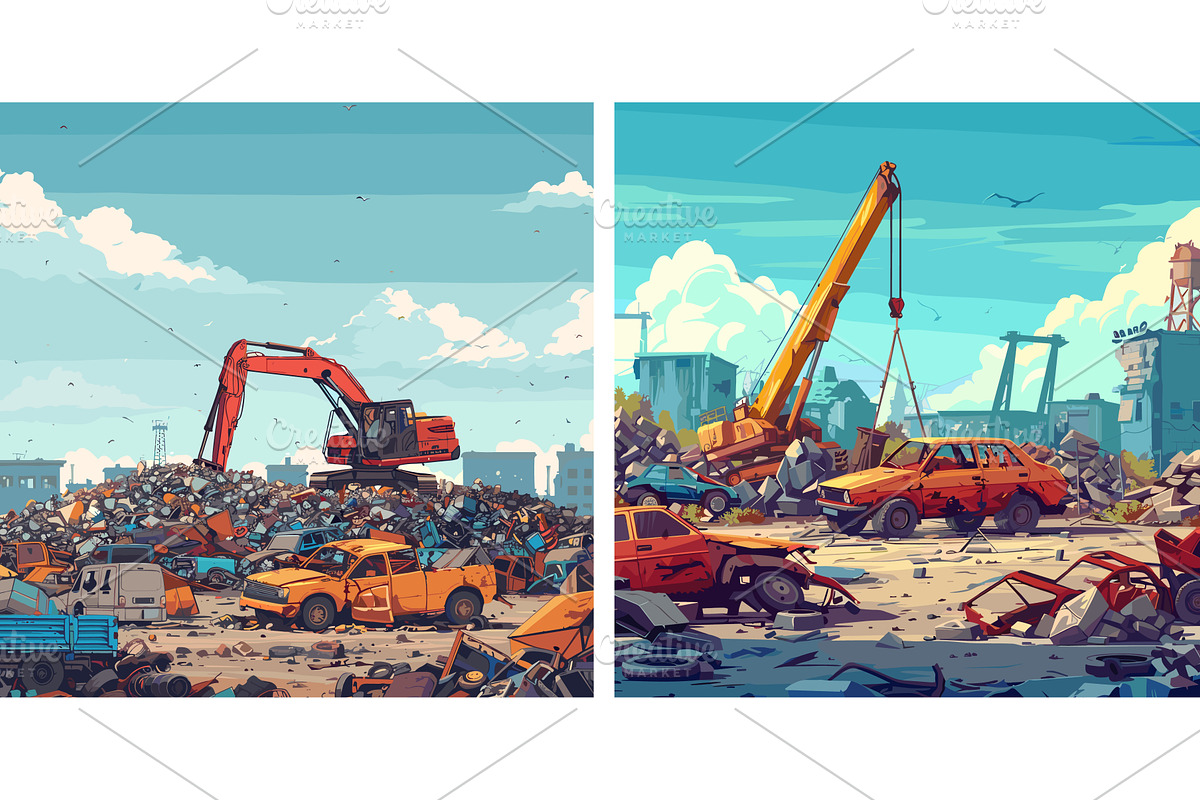 Car junkyard cartoon vector scene, an Illustration by Onyx