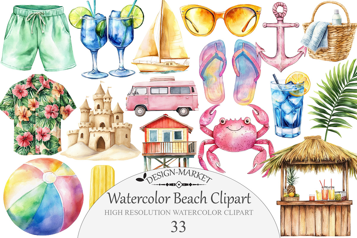 Watercolor Beach Clipart, an Illustration by Design Market (Photo 1 of 4)